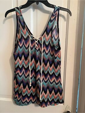 Vintage Havana Chevron Lace-Up Tank in Teal, Coral, Navy & Black